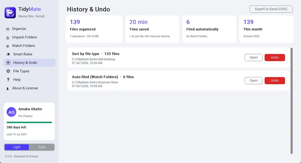 TidyMate History and Undo screen