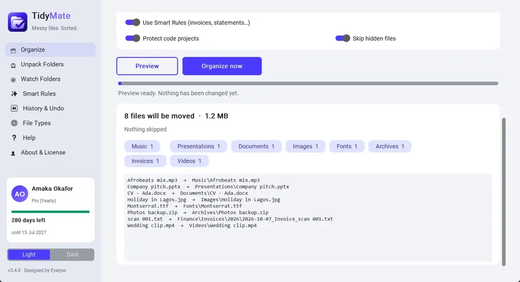 TidyMate preview of planned file moves